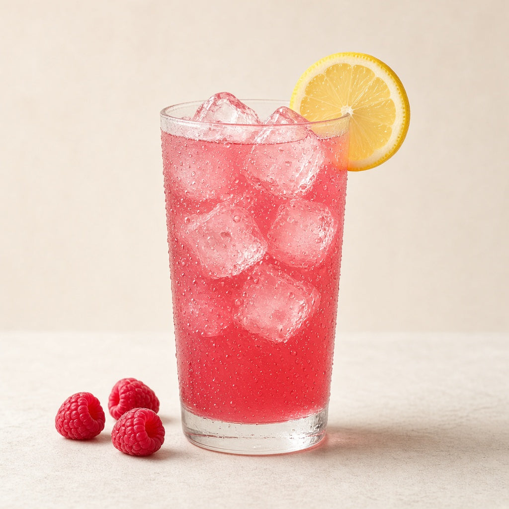 A glass of pink raspberry lemonade over ice with a lemon wheel and fresh raspberries