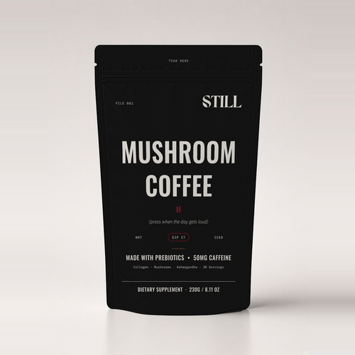 Front of the STILL Mushroom Coffee pouch on a white background