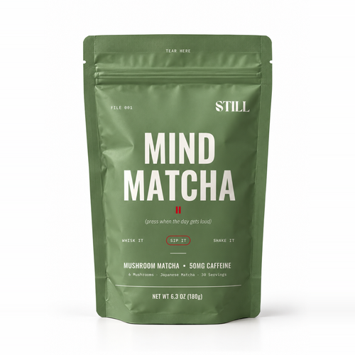 Front of the STILL Mushroom Matcha pouch on a white background