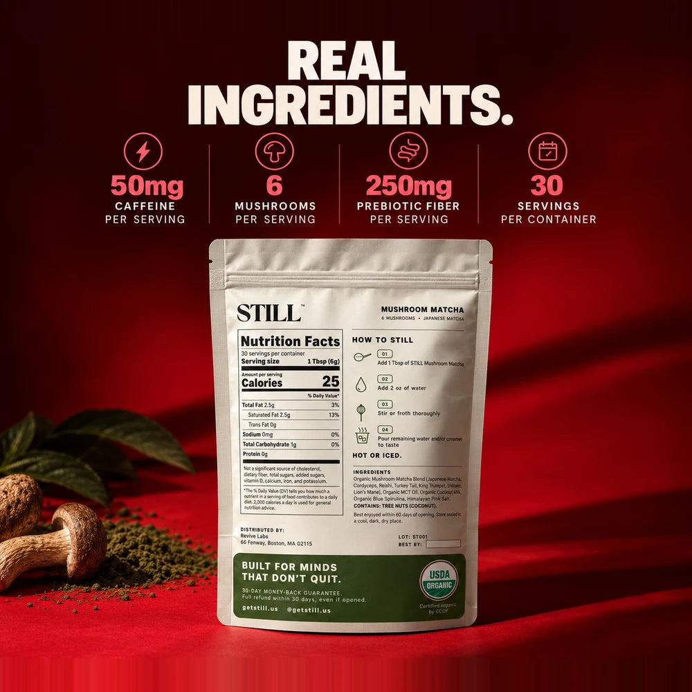 Real ingredients: STILL Mushroom Matcha pouch back on crimson. 50mg caffeine, 6 mushrooms, 250mg per serving, 30 servings