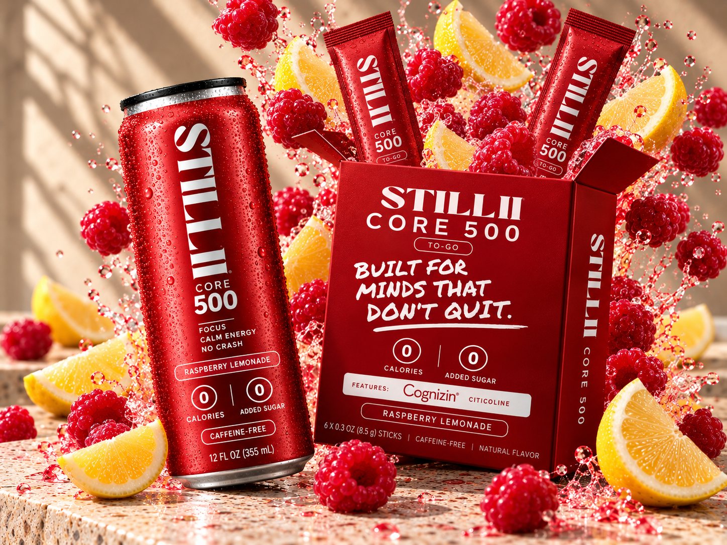 STILL CORE 500 Raspberry Lemonade can and To-Go stick box with a raspberry and lemon splash