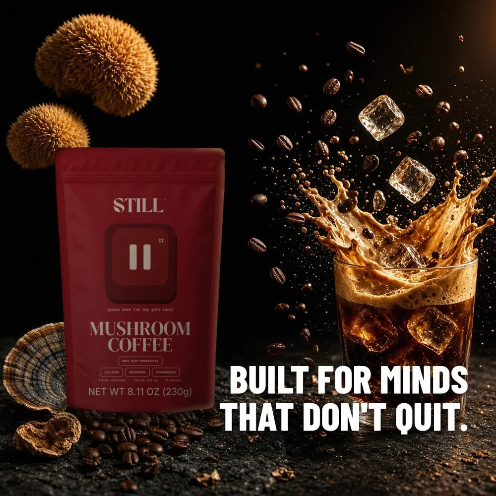 STILL Mushroom Coffee pouch with an iced coffee splash, mushrooms and coffee beans: Built for minds that don't quit