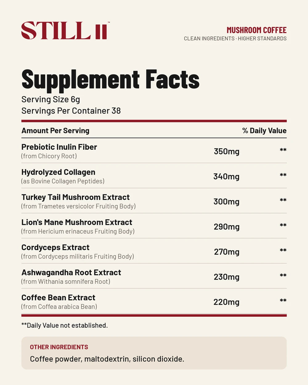 STILL Mushroom Coffee supplement facts and ingredients