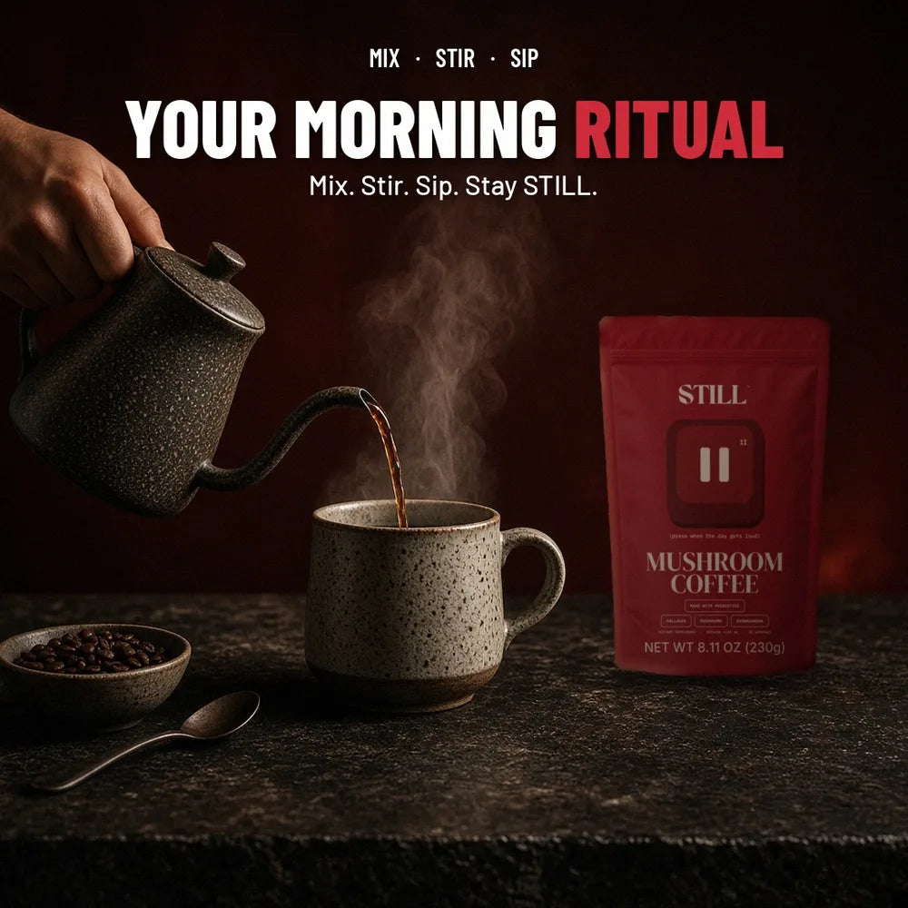 Pouring hot water into a mug beside a STILL Mushroom Coffee pouch: Your morning ritual