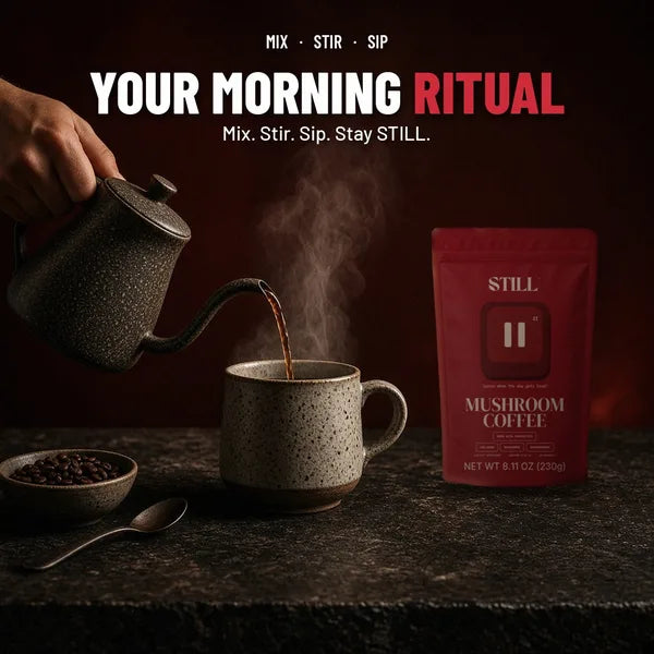 Pouring hot water into a mug beside a STILL Mushroom Coffee pouch: Your morning ritual
