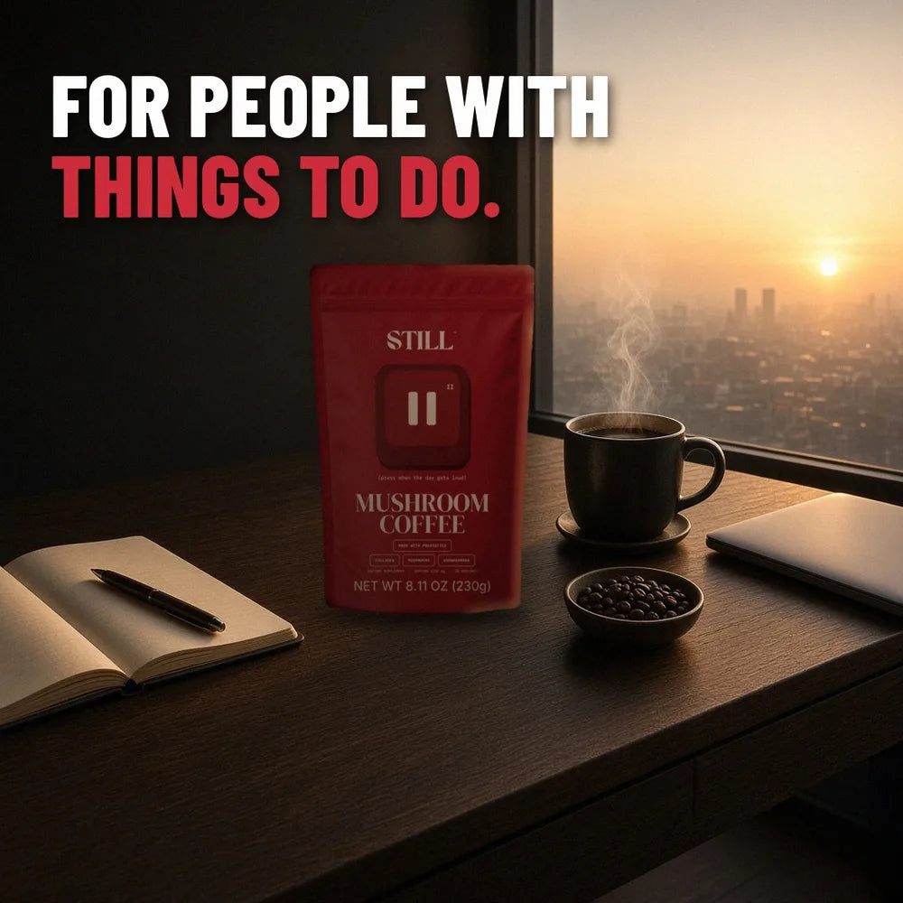 STILL Mushroom Coffee pouch on a desk by a city window at sunrise: For people with things to do
